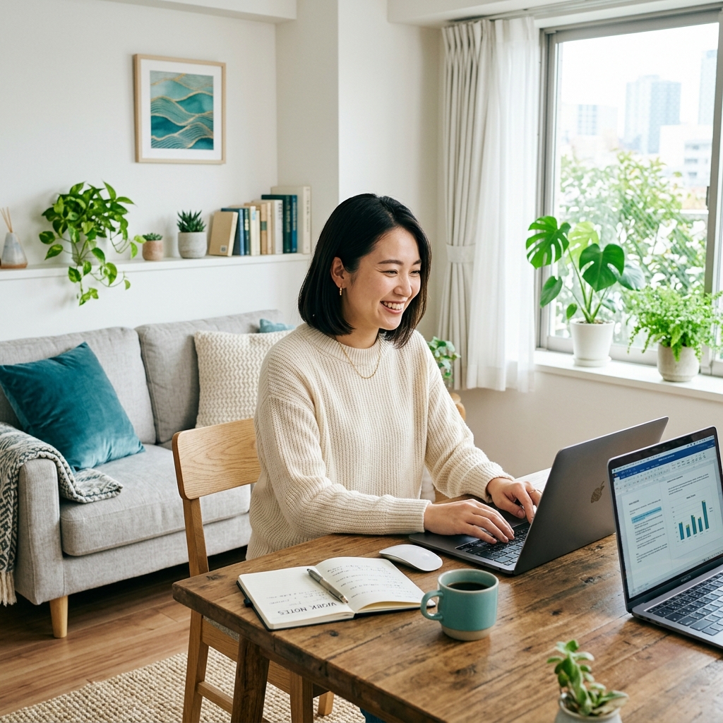 自宅で笑顔でPC作業をする様子